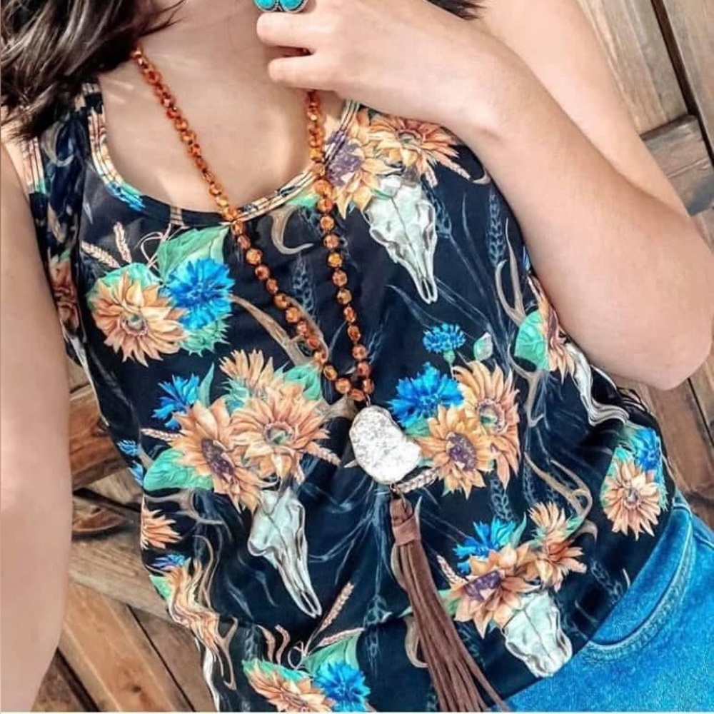 Floral Skull Print Black Tank Top
